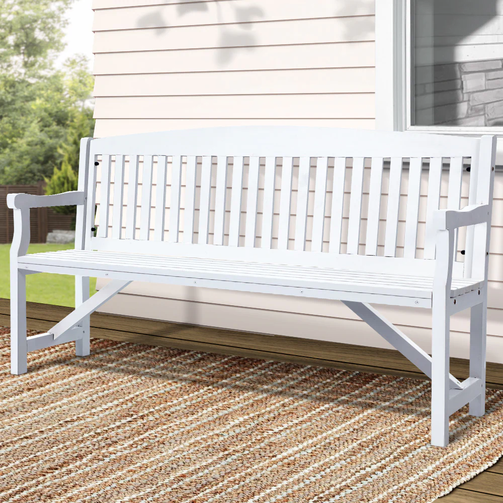 Solene Wooden Garden Bench Chair Patio Deck 3 Seater - White - Nurns