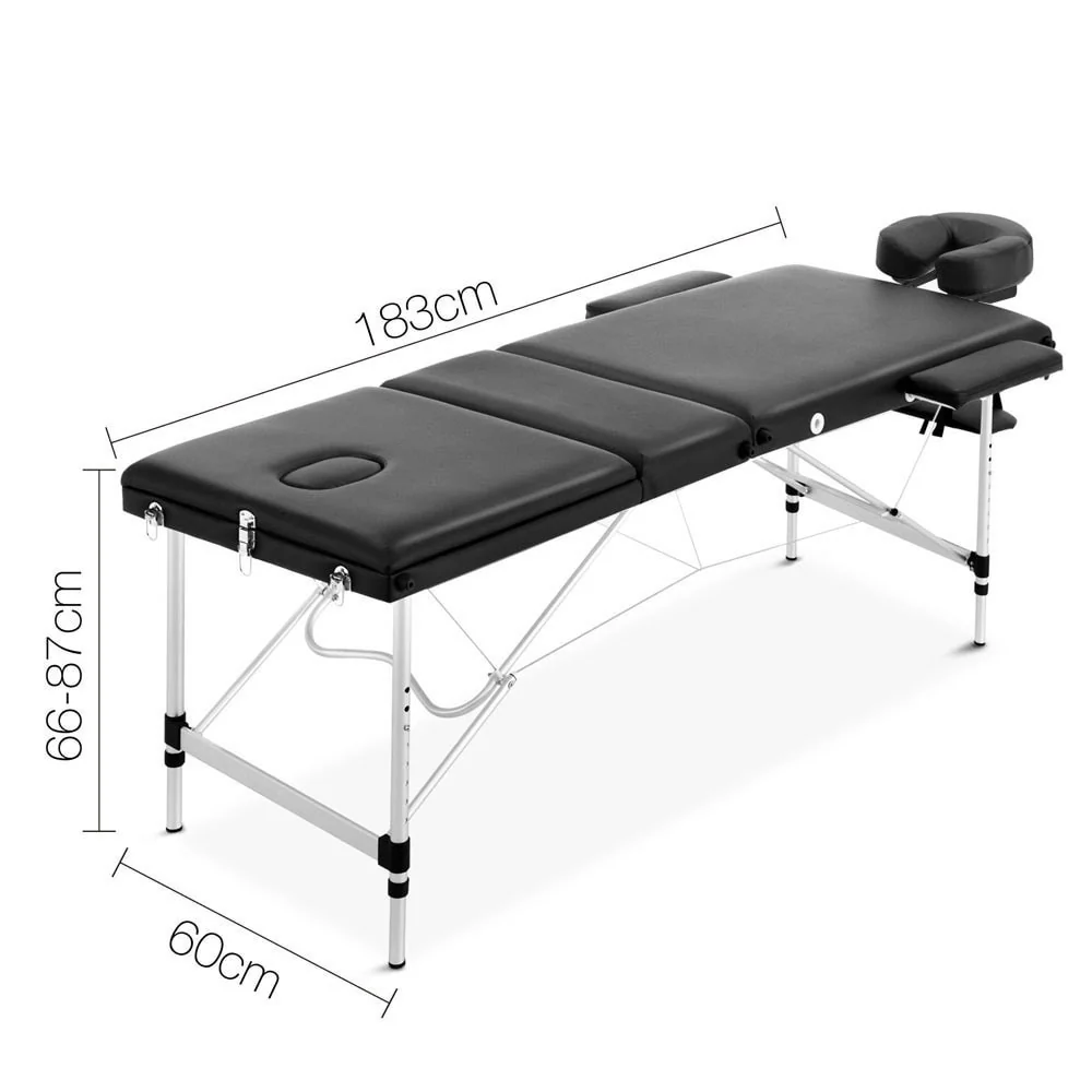 Massage Table 60cm 3 Fold Aluminium Beauty Bed Portable Therapy Waxing Black - Nurns