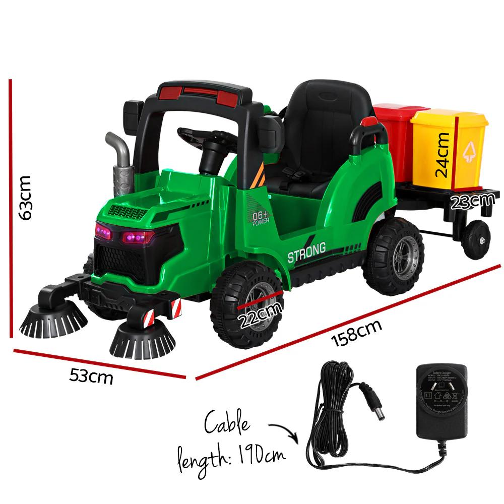 Kids Ride On Car Street Sweeper Truck w/ Rotating Brushes Garbage Cans - Green - Nurns