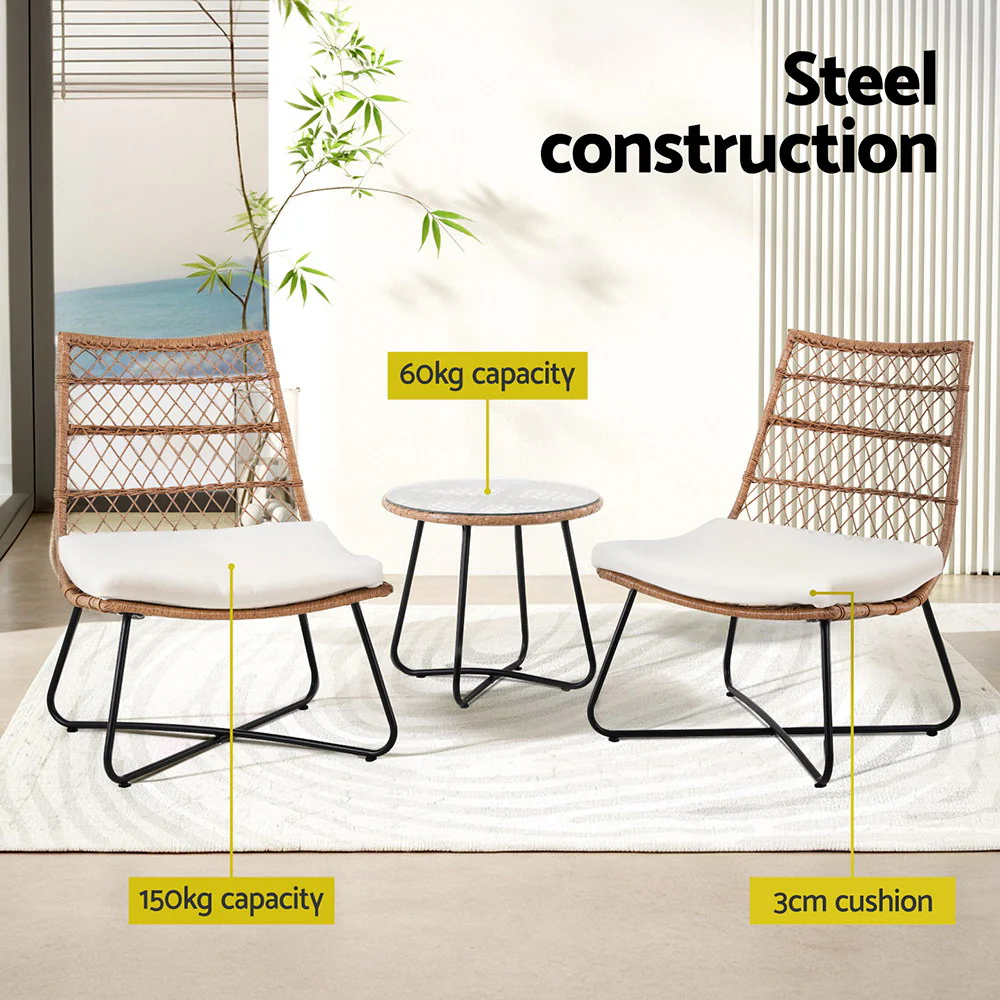 Mavies 2-Seater Wicker Table & Chairs Patio Furniture 3-Piece Bistro Set - Brown - Nurns