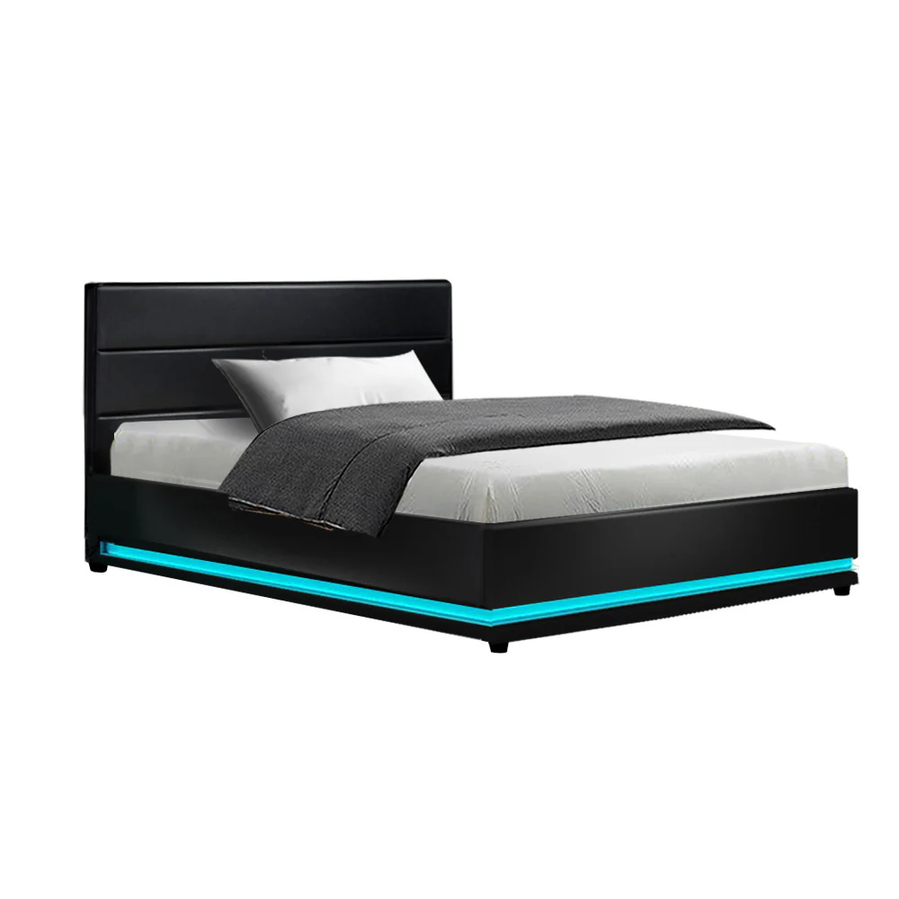 Azalea LED Bed Frame PU Leather Gas Lift Storage - Black King Single - Nurns