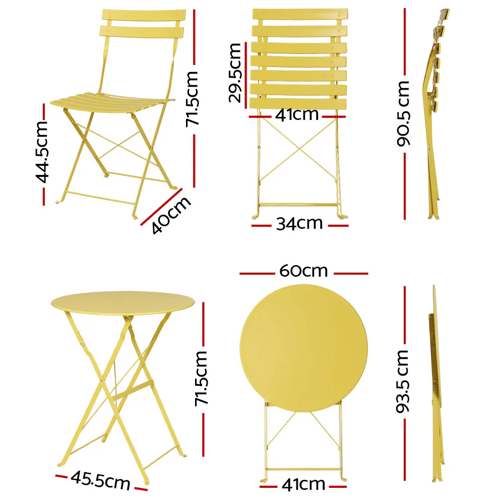 Andre 2-Seater Steel Table and Chairs Patio Furniture 3-Piece Outdoor Bistro Set - Yellow - Nurns
