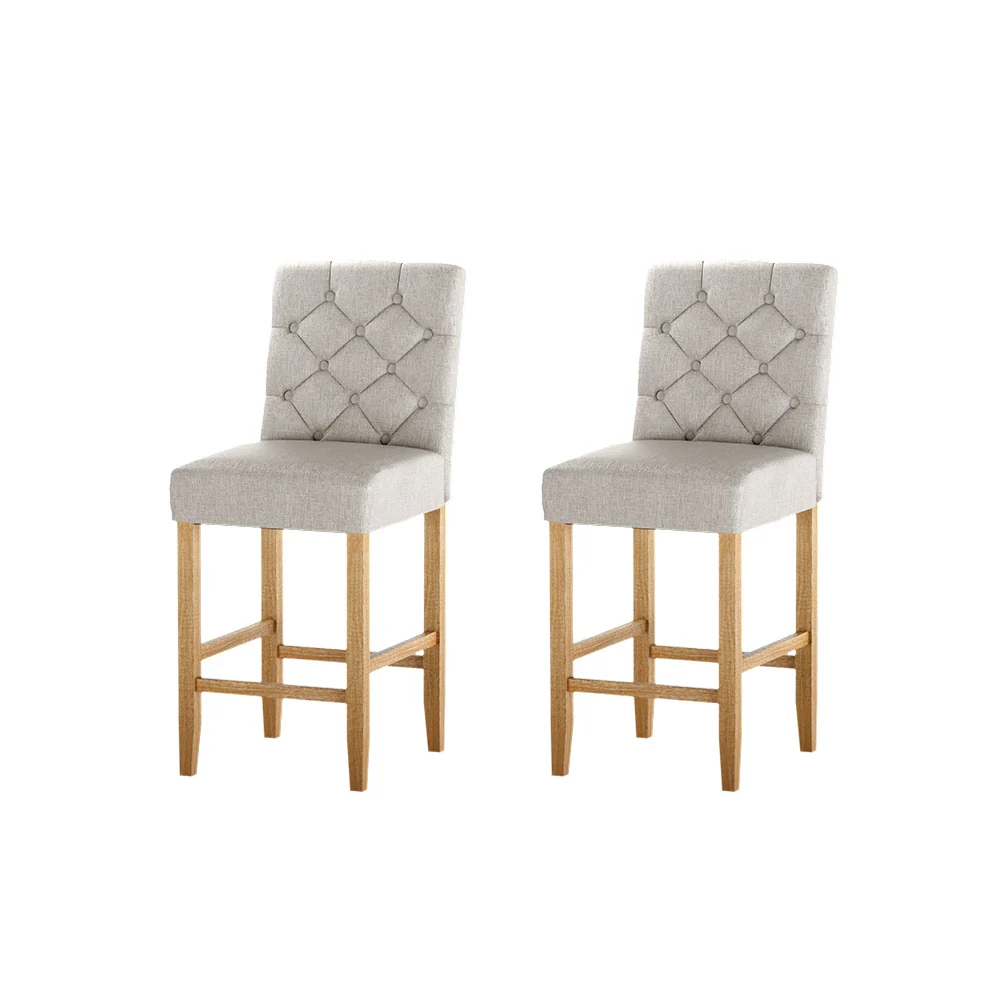 Set of 2 Khiva Bar Stools Kitchen Stool Wooden Linen Upholstered - Beige - Nurns