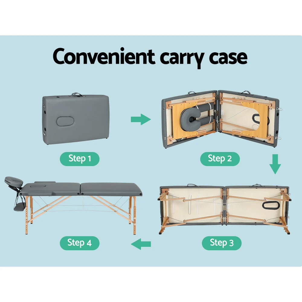 Massage Table 56cm Portable 2 Fold Wooden Beauty Bed Grey - Nurns