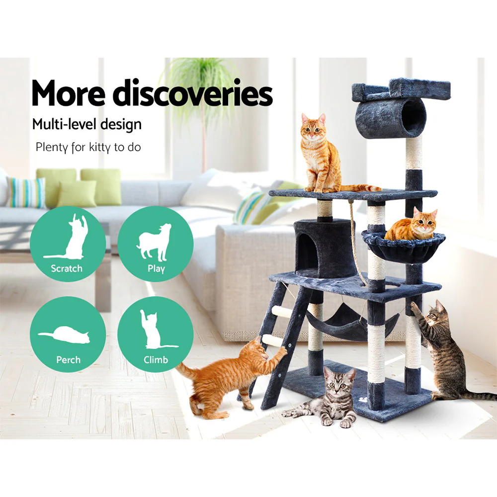 Cat Tree 141cm Trees Scratching Post Scratcher Tower Condo House Furniture Wood - Dark Grey - Nurns