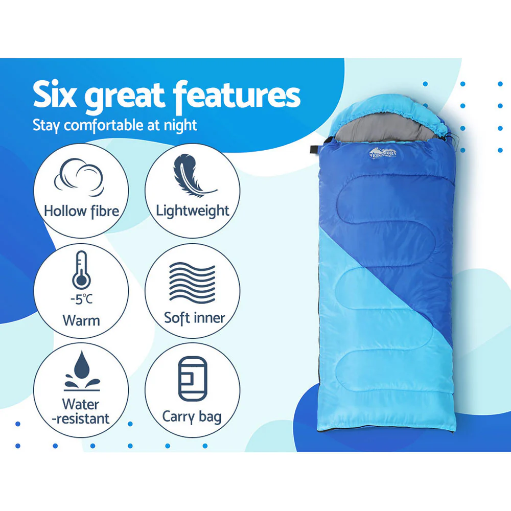 Sleeping Bag Kids Single 172cm Thermal Camping Hiking Blue - Nurns
