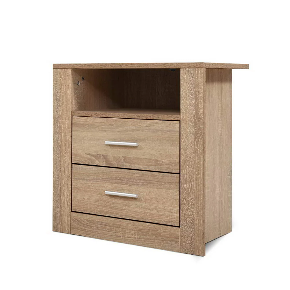 Barrie Wooden Bedside Tables Storage Cabinet Shelf Side End Table Oak with 2 Drawers - Oak - Nurns
