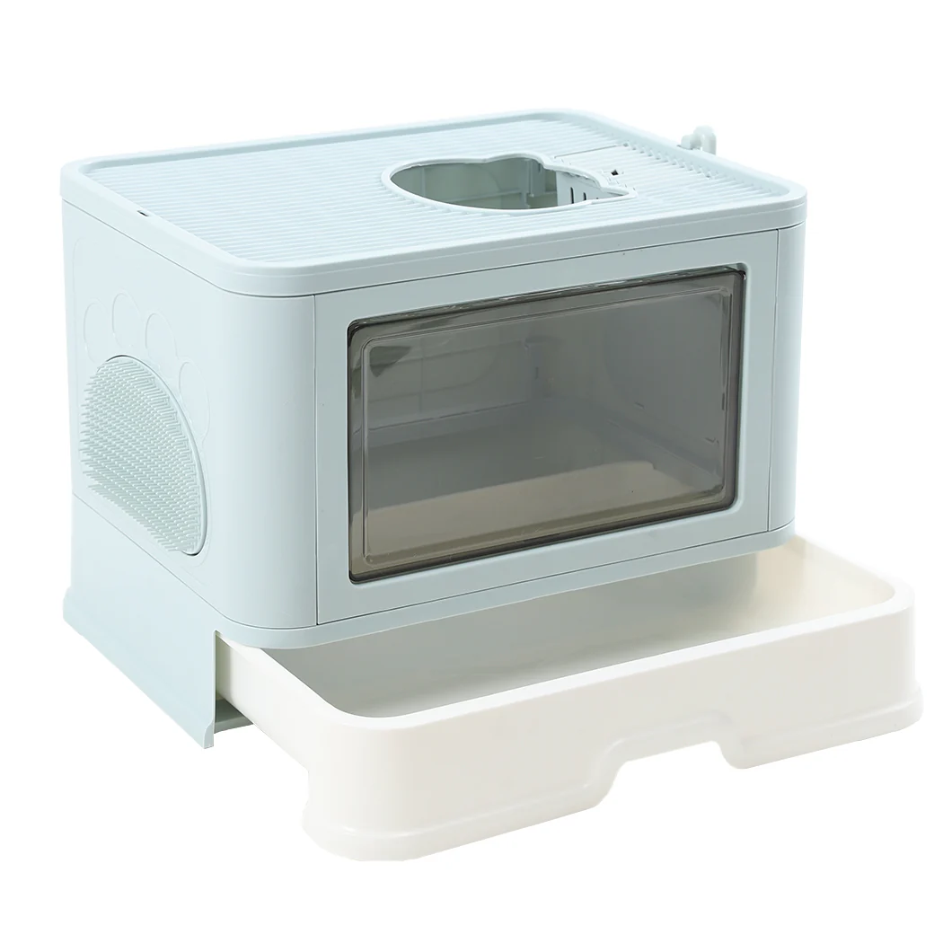 Foldable Cat Litter Box Tray Enclosed Kitty Toilet Hood Hair Grooming Blue - Green - Nurns