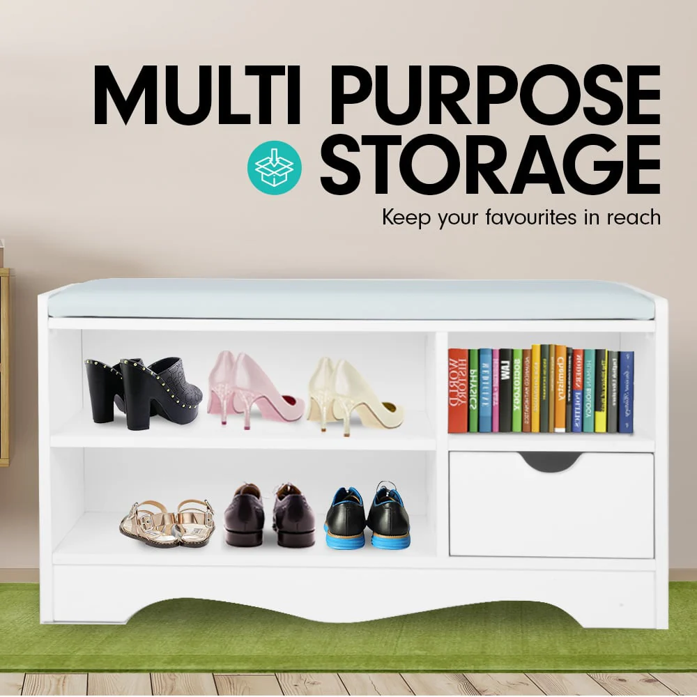 Sarantino Shoe Rack Cabinet Organiser Grey Cushion Stool Bench - 80 X 30 X 45 - White - Nurns