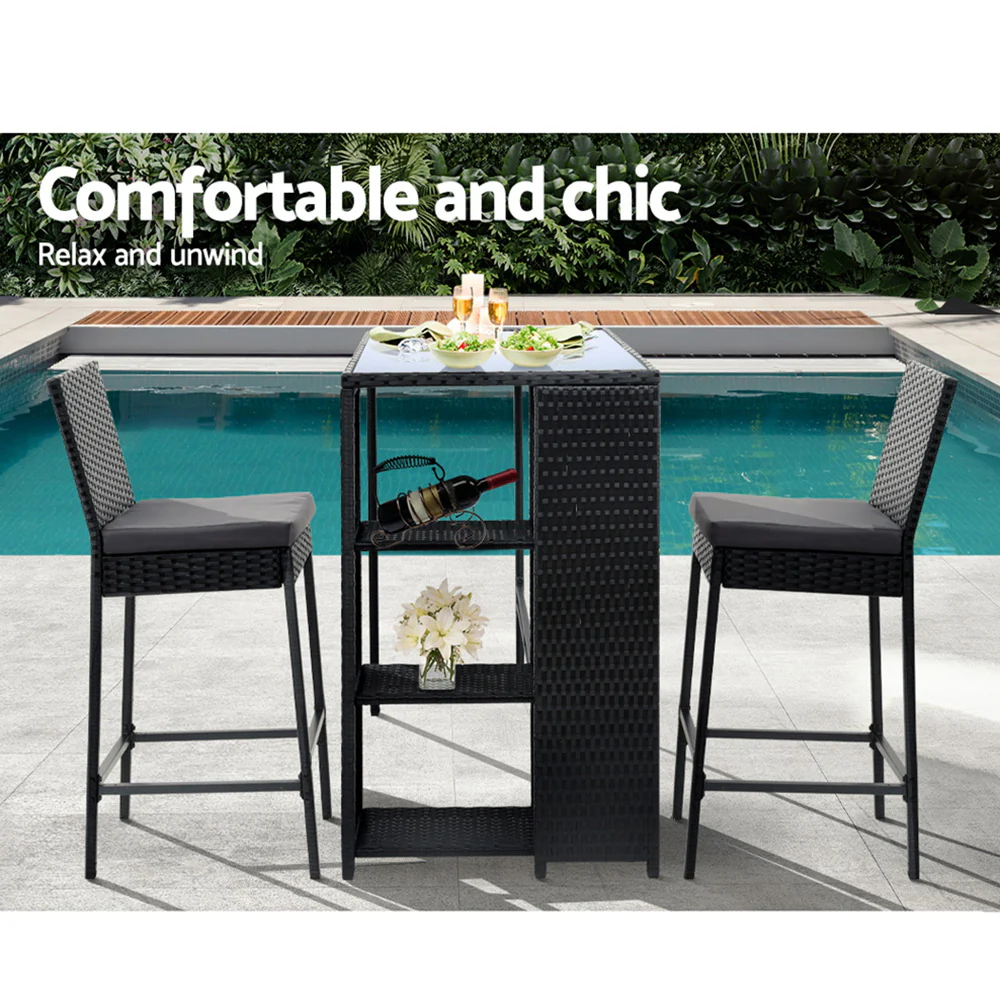 Mark 2-Seater Patio Furniture Chairs Wicker 3-Piece Outdoor Bar Table Stools Set - Black - Nurns