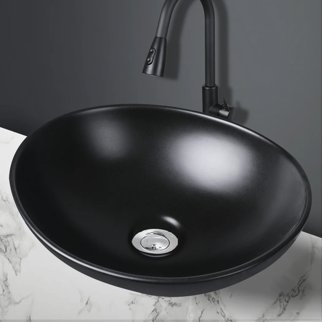 Wash Basin Oval Ceramic Hand Bowl Bathroom Sink Vanity Above Counter Matte Black - Nurns