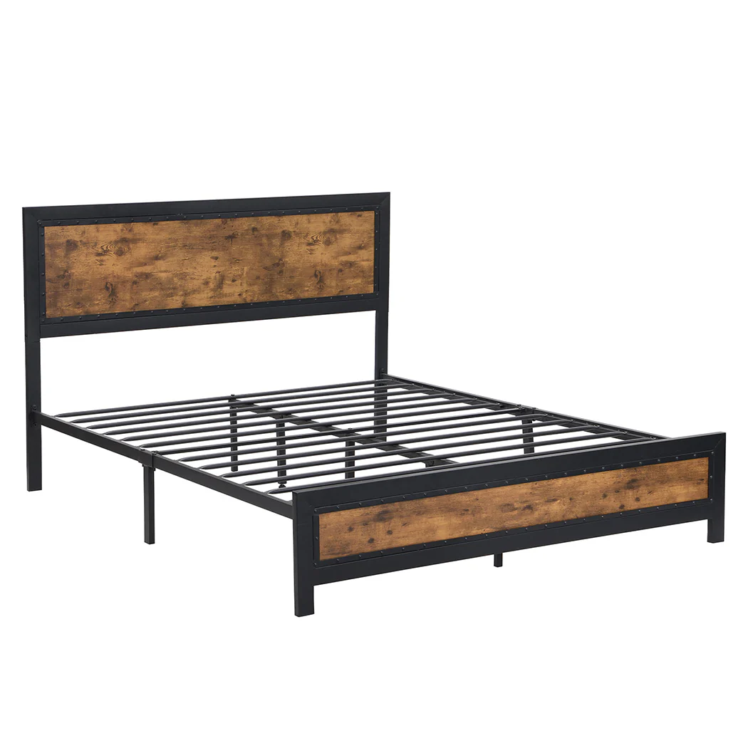 Elvira Metal Bed Frame Platform Wooden Rivets no Drawers - Black & Wood Double - Nurns