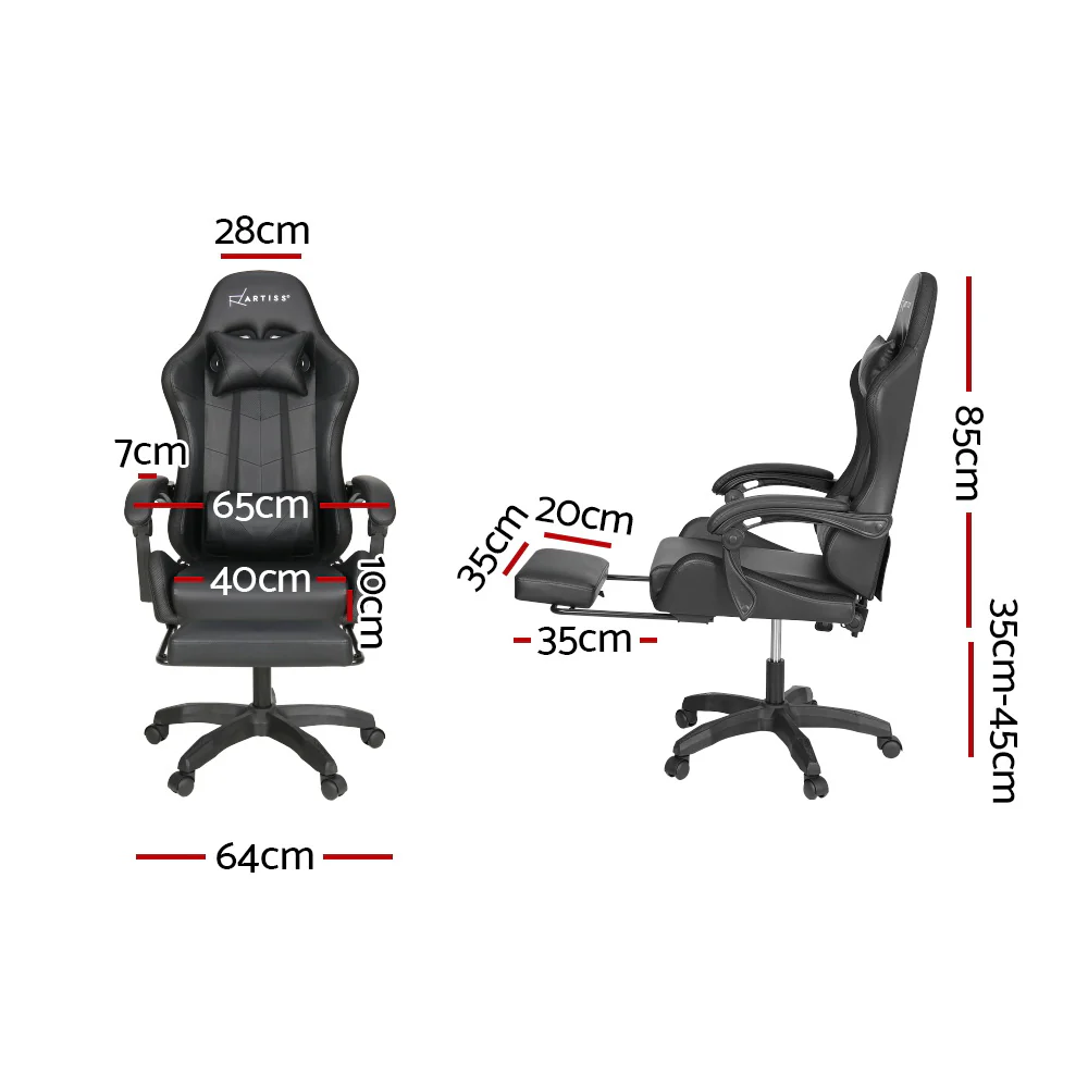 Artiss 6 Point Massage Gaming Office Chair 7 LED Footrest Black - Nurns