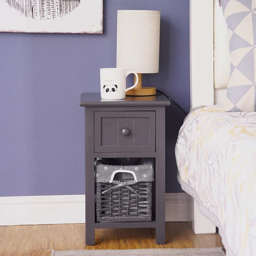 Belleville Wooden Bedside Tables with Wicker Basket - Grey - Nurns