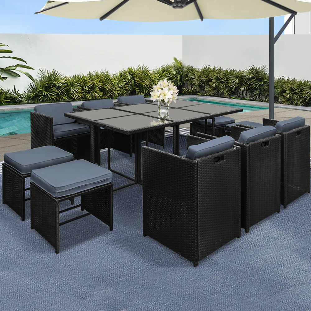 Waltham 10-Seater PE Wicker 11-Piece Outdoor Dining Set - Black - Nurns