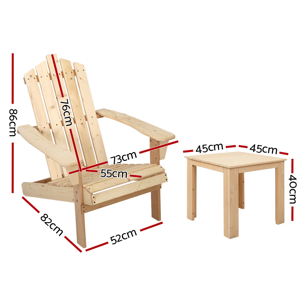 Adirondack Gardeon 3PC Outdoor Table and Chairs Wooden Beach Chair Natural - Nurns