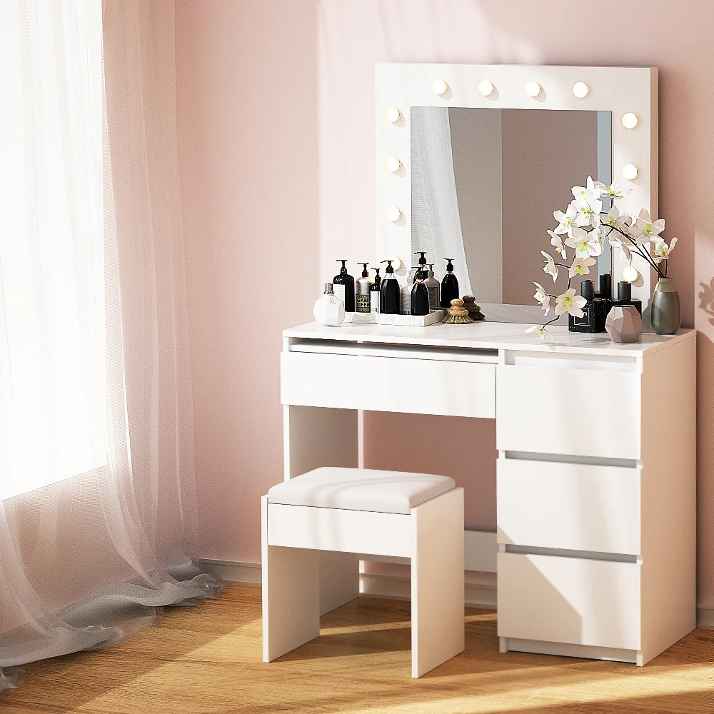 Dressing Table LED Makeup Mirror Stool Set 12 Bulbs Vanity Desk White - Nurns