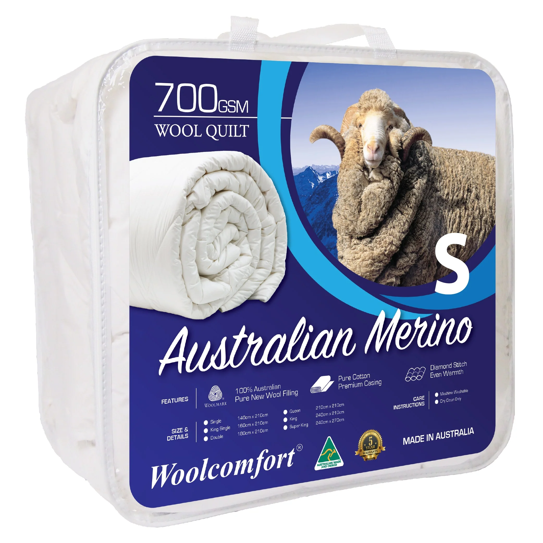 Single Woolcomfort AUS Made Merino Wool Quilt 700GSM 140x210cm - Nurns