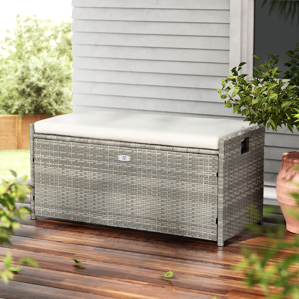 Outdoor Storage Bench Box Wicker Garden Sheds Tools Cushion Patio Furniture - Grey - Nurns