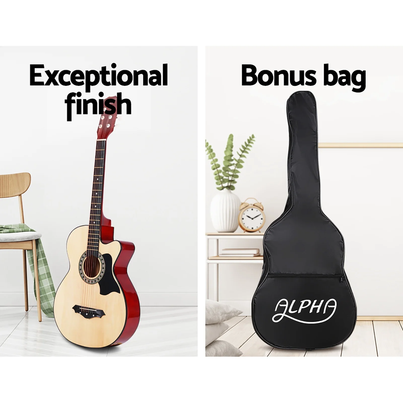 Alpha 38 Inch Acoustic Guitar Wooden Body Steel String Full Size w/ Stand Wood - Nurns