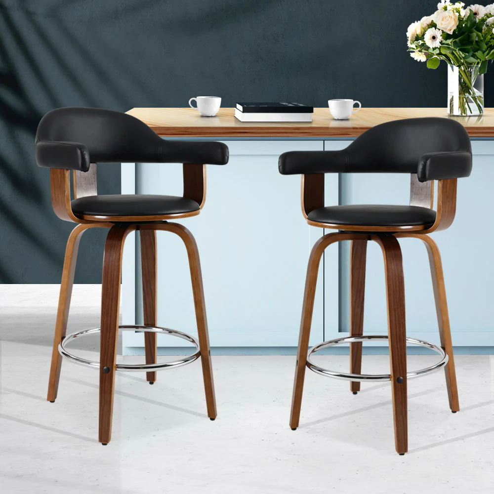 Set of 2 Evora Bar Stools PU Leather Wooden Swivel - Wood,Chrome & Black - Nurns