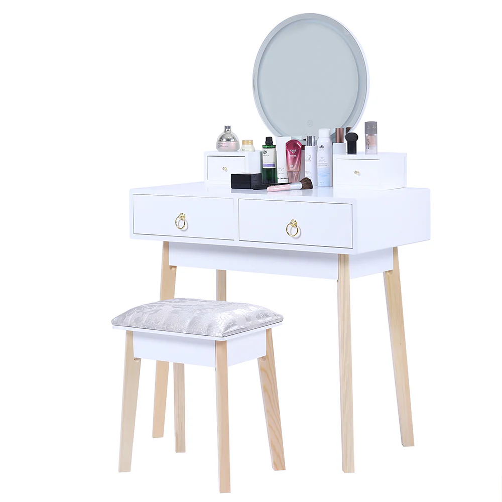 Dressing Vanity Table Stool Set with Make-up LED Lighted Mirror-White - Nurns