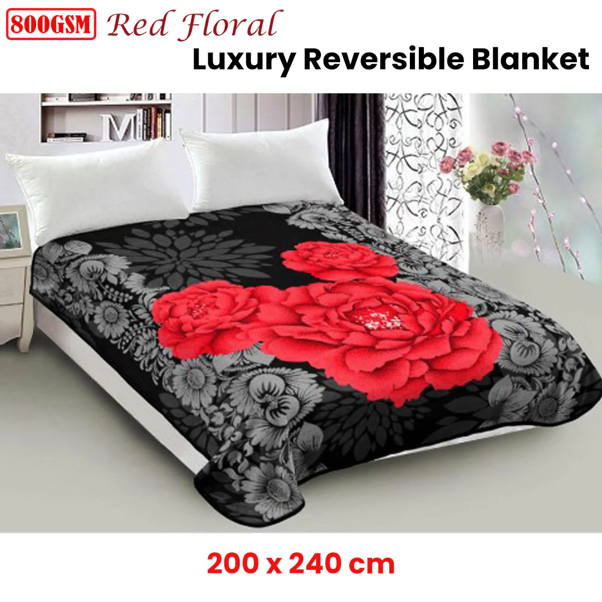 Whitney Throw Soft Blanket 800GSM Luxury Reversible Mink Blanket Red Floral Queen 200 x 240cm - Red Floral - Nurns