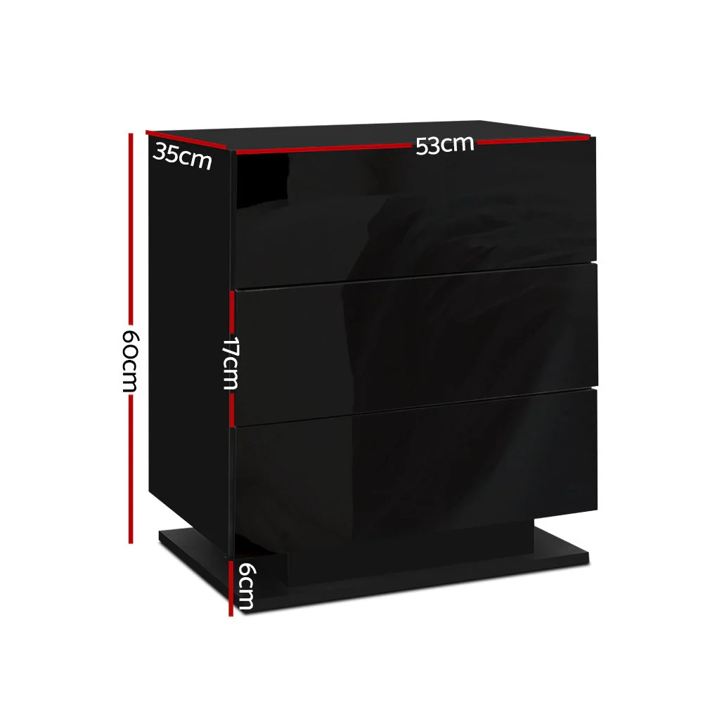 Lachine LED High Gloss Bedside Tables Side Table RGB LED Lamp Nightstand Gloss with 3 Drawers - Black - Nurns