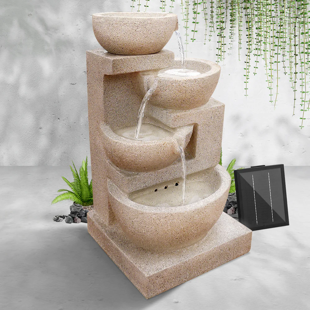 Solar Water Feature Cascading Fountain 4-Tier Bowl LED Lights 72cm - Sand - Nurns