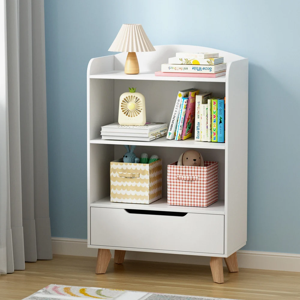 Kids Bookshelf 3-Tier Storage Children Bookcase Toys Organiser Drawer - White - Nurns