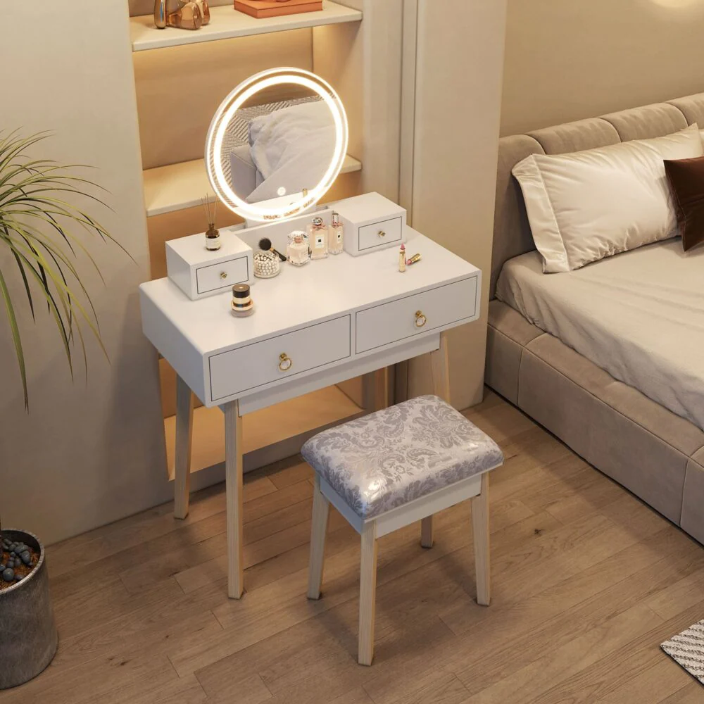 Dressing Vanity Table Stool Set with Make-up LED Lighted Mirror-White - Nurns