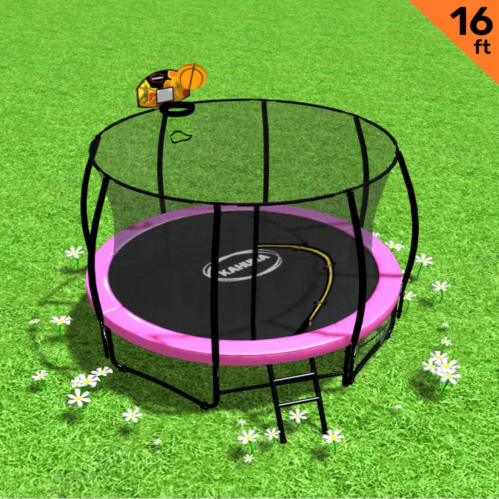 Kahuna Trampoline for Kids 16FT Outdoor Children with Safety Enclosure Pad Mat Ladder Basketball Hoop Set - Pink - Nurns