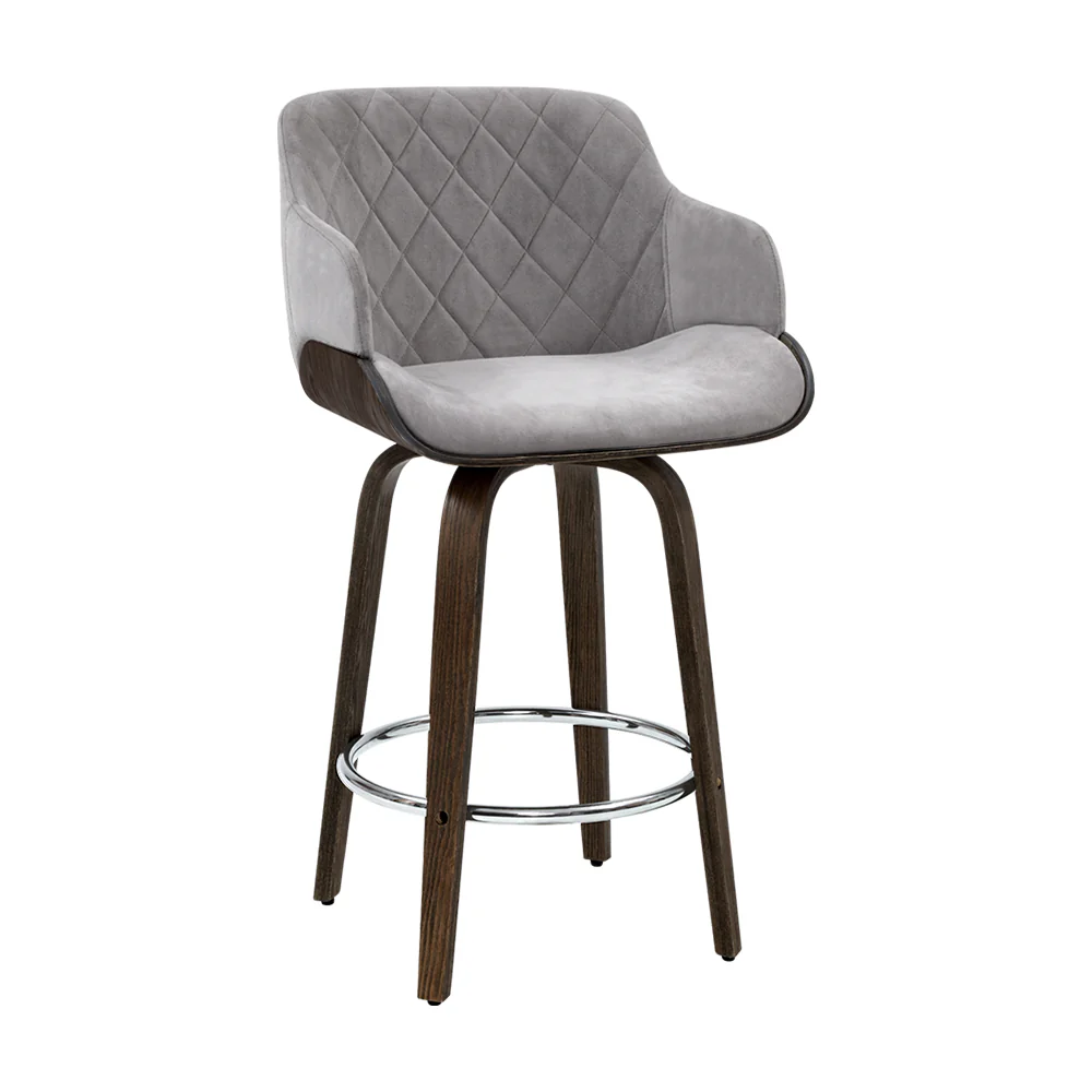 70cm Lleida Velvet Bar Stool Swivel - Grey & Wood - Nurns