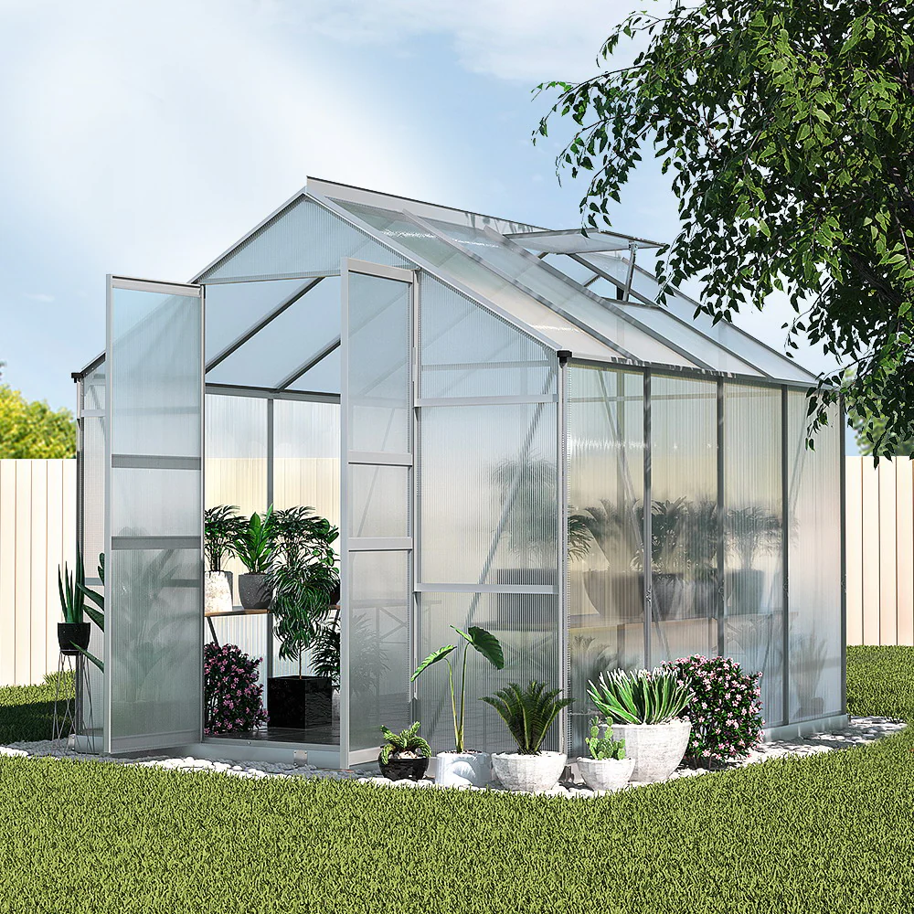 Greenfingers Greenhouse 2.42x2.5x2.26M Aluminium Double Doors Green House Garden Shed - Nurns
