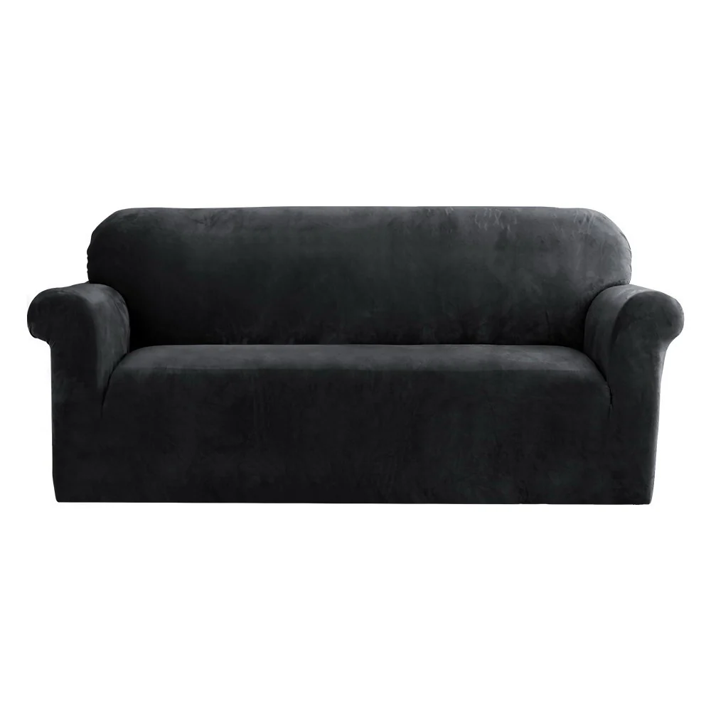 Velvet Sofa Cover Plush Couch Cover Lounge Slipcover 3-Seater Black - Nurns