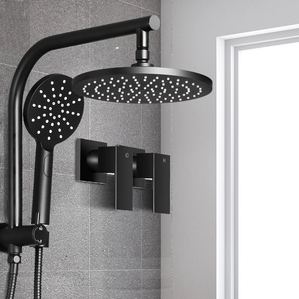 9'' Rain Shower Head Set Handheld Round High Pressure Twins Tap Black - Nurns