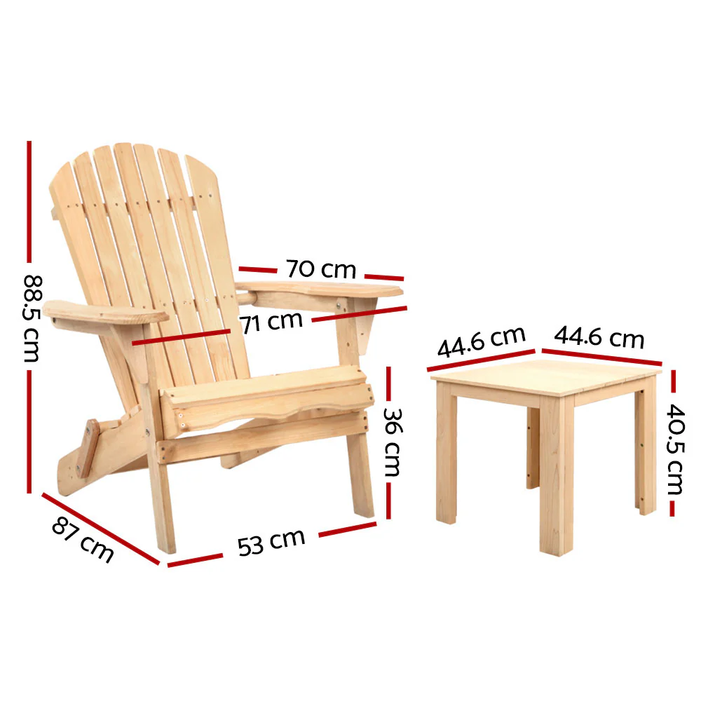 Adirondack Gardeon 3PC Outdoor Table and Chairs Wooden Foldable Beach Chair Natural - Nurns
