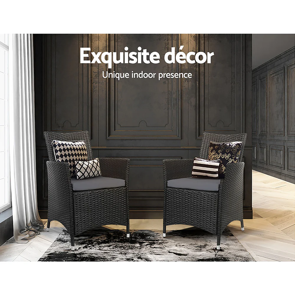 Mitchell Set of 2 Outdoor Bistro Set Dining Chairs Patio Furniture Wicker Garden Cushion - Black - Nurns