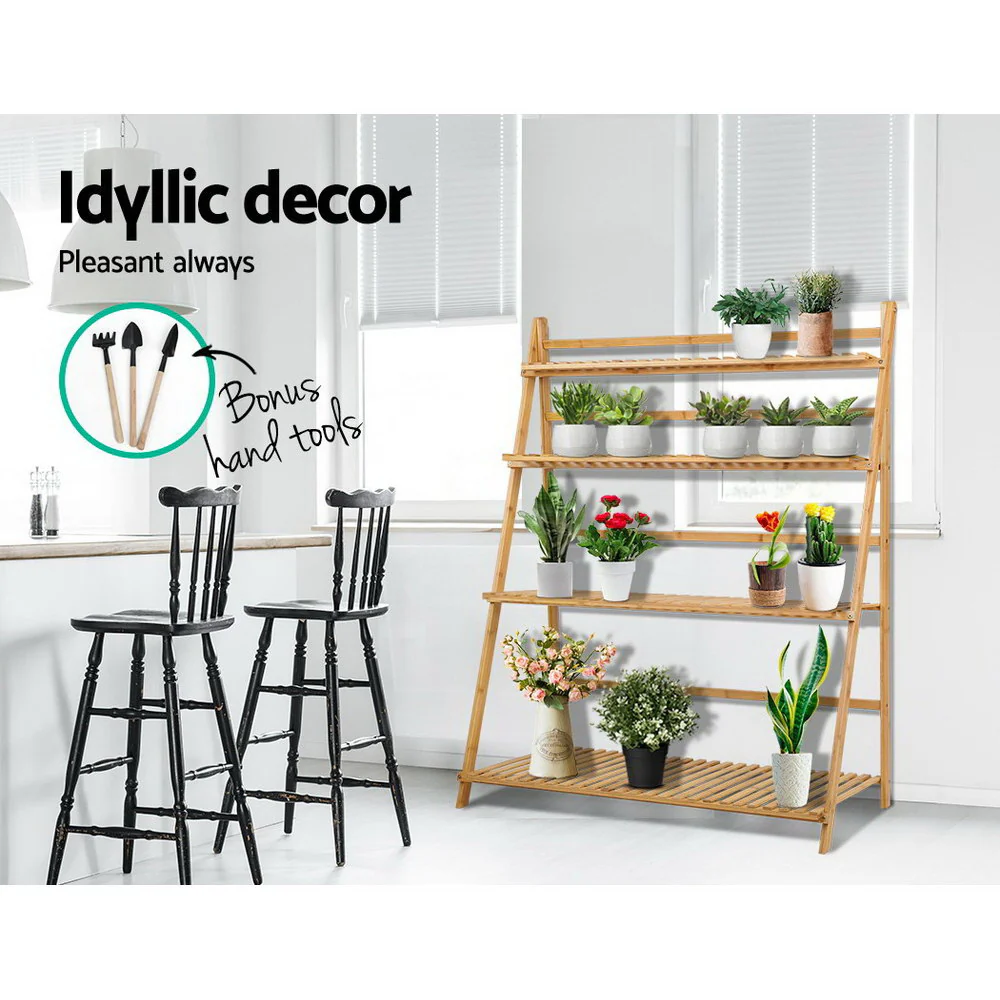 Bamboo Wooden Ladder Shelf Plant Stand Foldable - Nurns