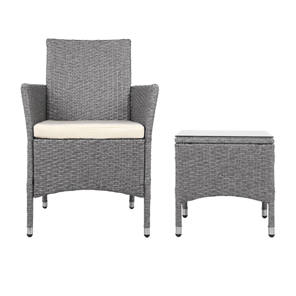 Noah 2-Seater Chair Side Table Furniture 3-Piece Wicker Outdoor - Grey - Nurns