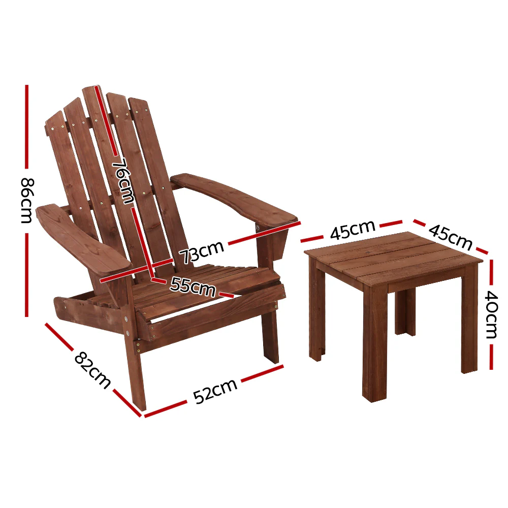 Adirondack Gardeon 3PC Outdoor Table and Chairs Wooden Beach Chair Brown - Nurns