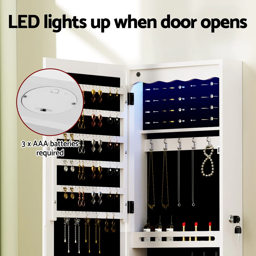 Jewellery Cabinet LED Mirror Lockable - White - Nurns