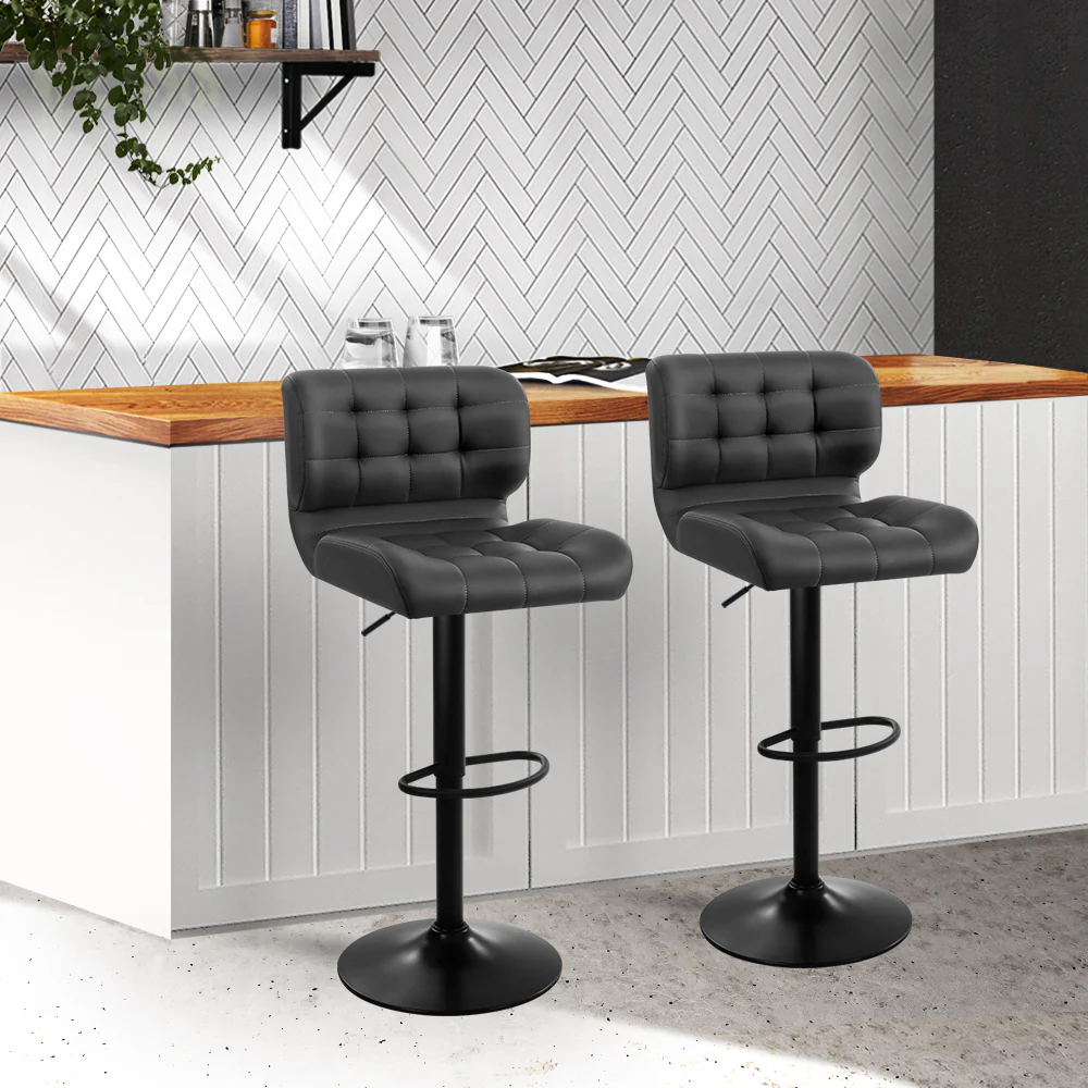 Set of 2 Genoa Kitchen Bar Stools Gas Lift Plush PU Leather - Black & Grey - Nurns