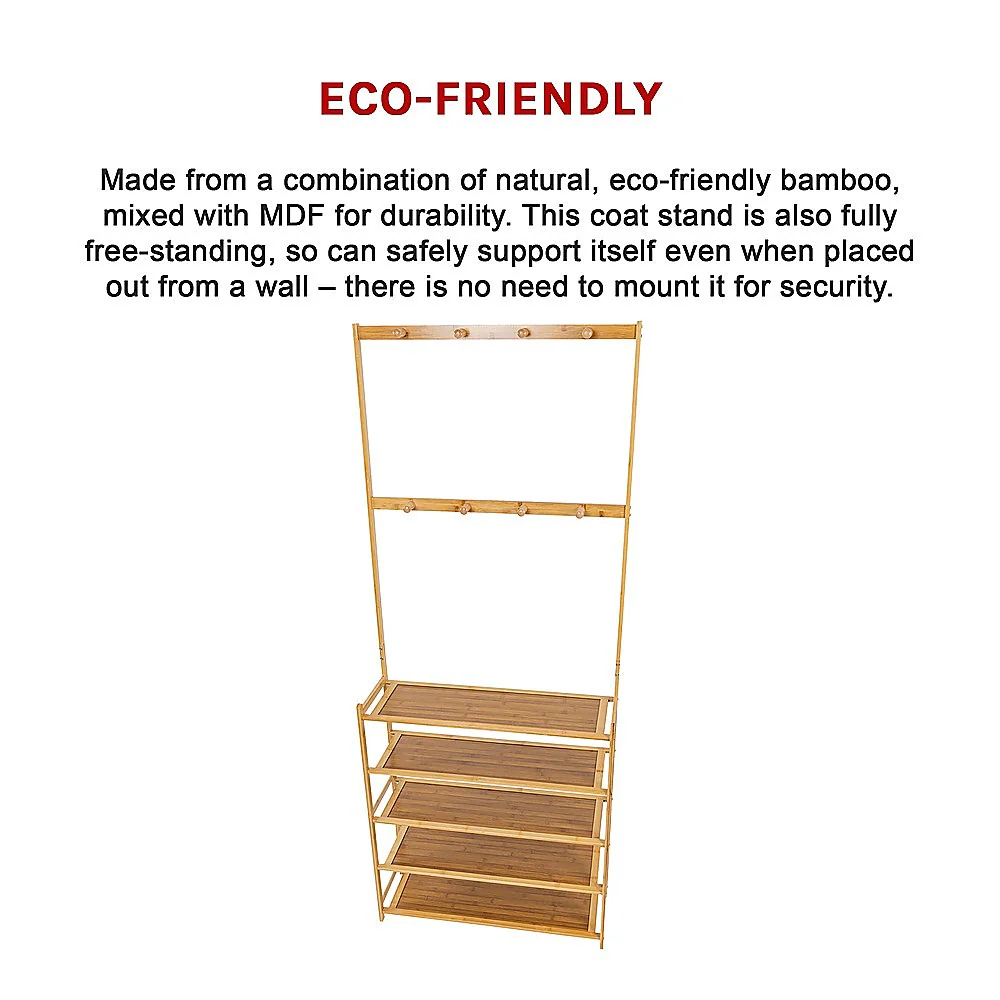 Large Wooden 5 Tiers Hat Coat Stand Clothes Shoe Rack Hanger Hooks Shelf Storage - Nurns