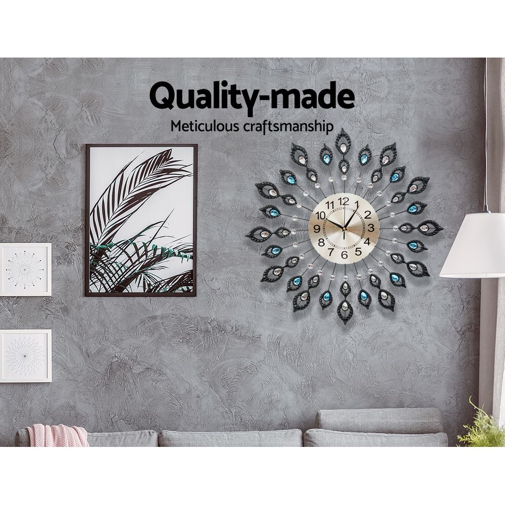 60CM Peacock Wall Clock Large 3D Modern Crystal Luxury Round Wall Clocks Home Decor Black - Nurns