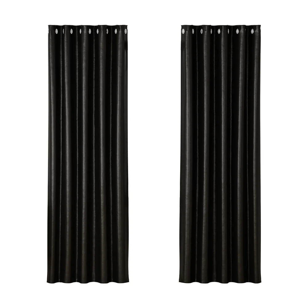 Set of 2 Blockout Curtains Blackout Window Curtain Eyelet 180x213cm Black Shine - Nurns