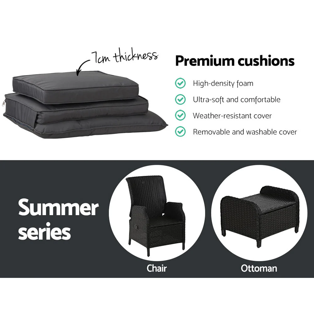 Yeovil 5-Piece Recliner Chair Outdoor Furniture Setting Patio Wicker Sofa Chair and Ottoman - Black - Nurns