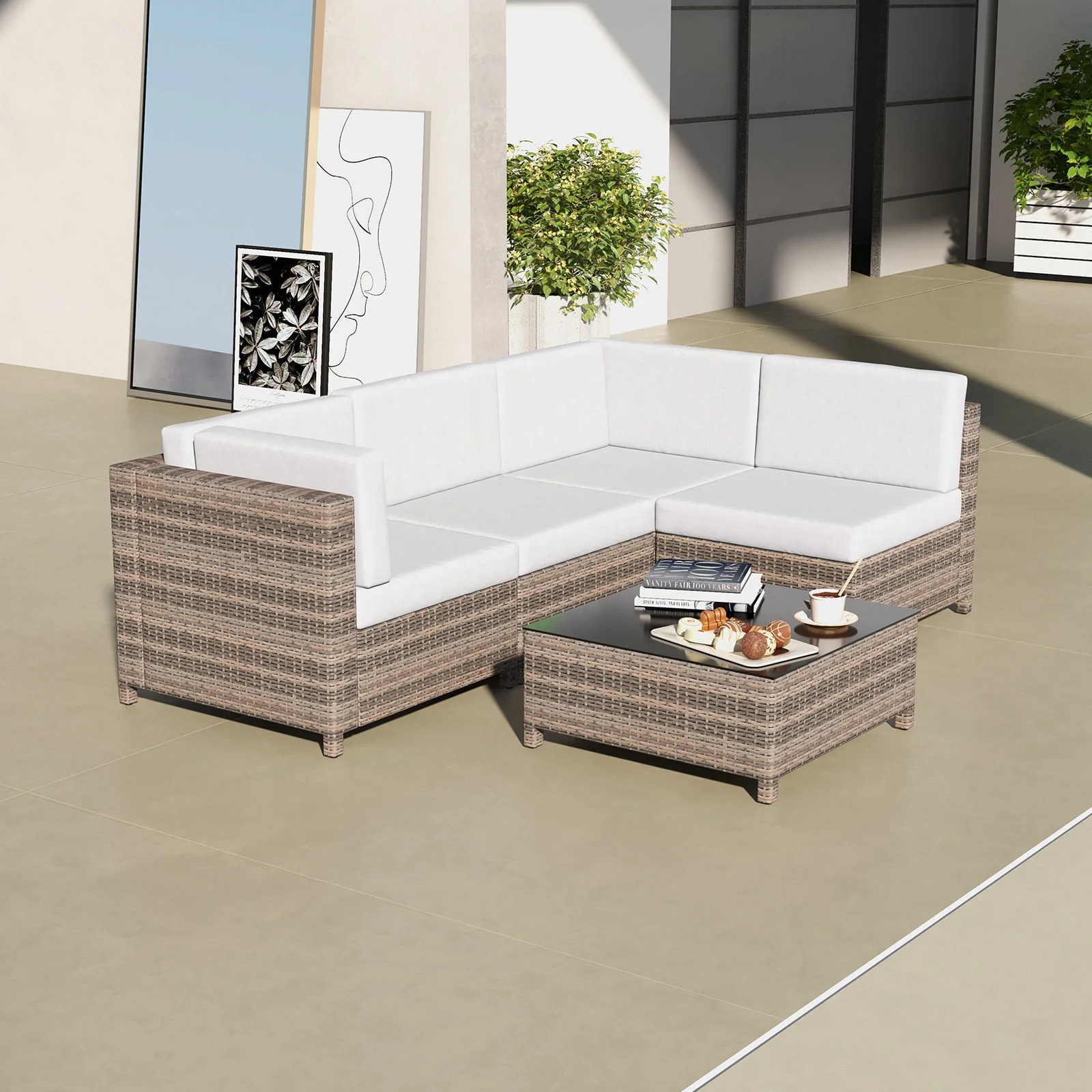 Thrapston 4-Seater Rattan Set 5-Piece Outdoor Sofa - Oatmeal - Nurns