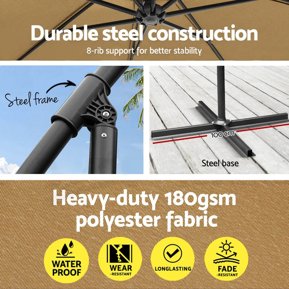 Instahut 3m Umbrella w/Base Outdoor Cantilever Beach Garden Patio Parasol Beige - Nurns