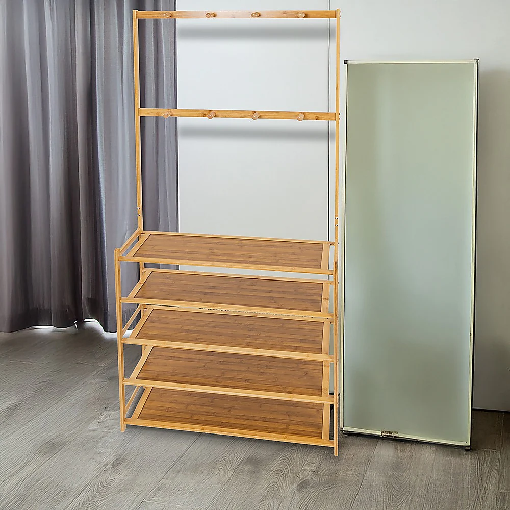 Large Wooden 5 Tiers Hat Coat Stand Clothes Shoe Rack Hanger Hooks Shelf Storage - Nurns